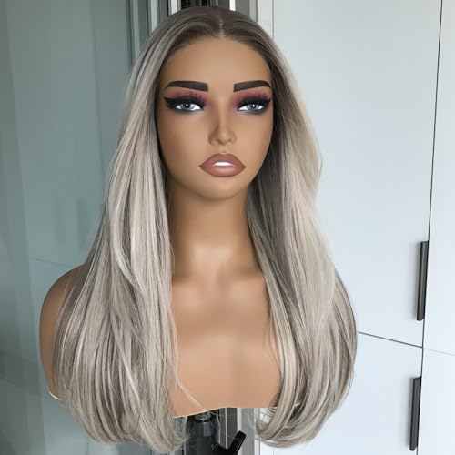 Pre Cut No Glue Lace Wig Ash Blonde Wear and Go Glueless Synthetic Lace Front Wig for Women with Bangs Layered Straight Wigs Pre Plucked Highlight Dirty Blonde Wig 3 Seconds to Wear 20Inch