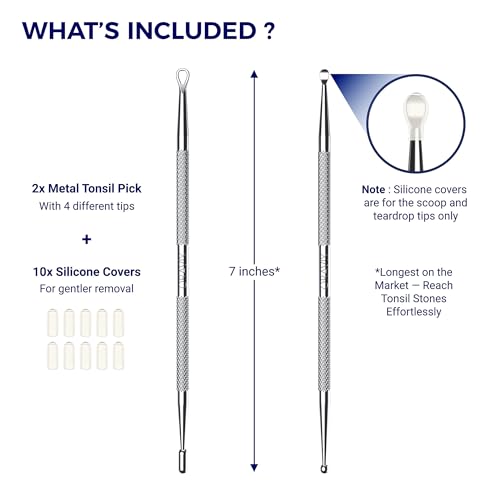 Oravix Tonsil Stone Remover Tool Pack of 2, Metal Tonsil Stone Removal Tool, 7¡¯¡¯ Surgical-Grade Stainless Steel Metal Pick with 10 Soft Silicone Tips, Fight Bad Breath, Safe & Easy