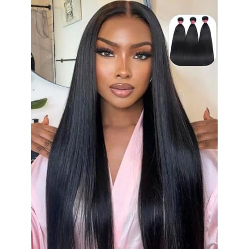 YIROO Yaki Straight Human Hair Weave 3 Bundles 12A Kinky Straight Double Wefts for Women Unprocessed Real Virgin Hair Sew In Human Hair Extensions Cllip In Light Yaki Natural Black Color 16 18 20Inch