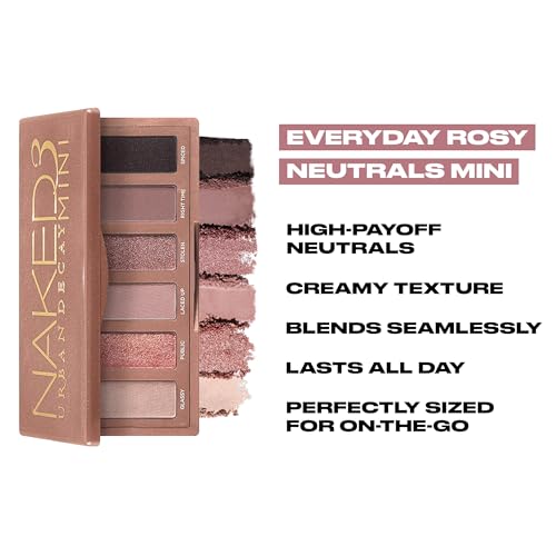 URBAN DECAY Naked 3 Mini Eyeshadow Palette - 6 Soft Pink Shadows, Multi-Use Matte & Shimmer Finishes, Ultra-Blendable Everyday Rosy Neutrals, Long-lasting Up to 12HR Wear, Travel Makeup with Mirror