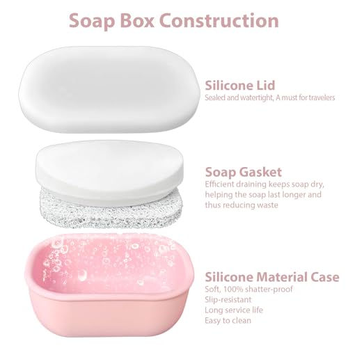 Leakproof Silicone Travel Soap Case with Drainage Layer, Silicone Bar Soap Holder Compact Portable Shatterproof Soap Container Box for Bathroom Gym Camp Travel Toiletries (Pink, Clear Lid)