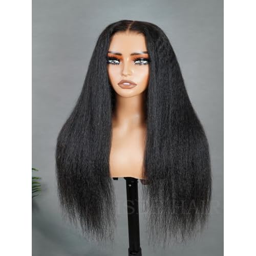 ISEE Glueless Wigs Human Hair Kinky Straight Pre Plucked Pre Cut, 9X6 M Cap HD Lace Closure 180% Density, No Glue, Reay to Wear Wig for Beginner, Natural Color (Kinky Straight, 18 Inch)