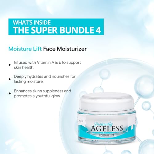 Instantly Ageless SUPER BUNDLE 4 - Instant Face Lift Cream In A Box 25 Vials, Moisture Lift Face Moisturizer, Sands Of Time Facial Scrub, Botanical Cleanser Skin Care Set for All Skin Type