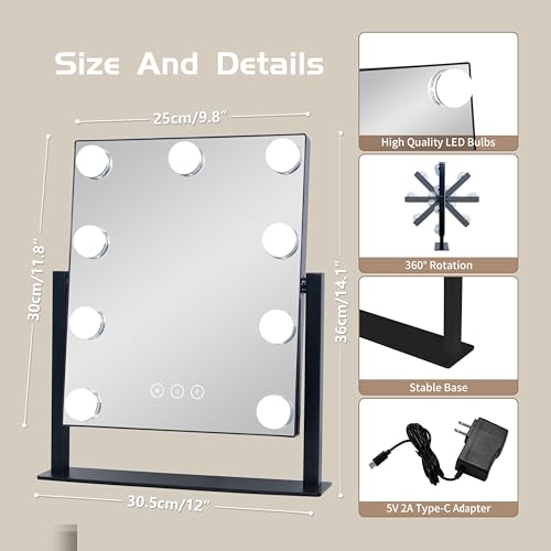 Vanity Mirror with Lights,Makeup Mirror with Lights with 9 Dimmable LED Bulbs, 3 Color Lighting Modes Detachable 10X Magnification Mirror Touch Control,360¡ÆRotation