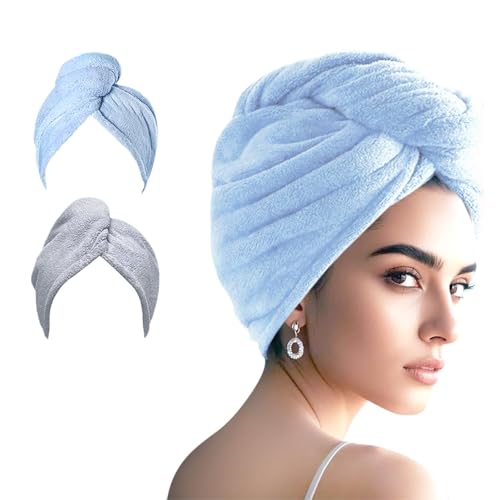 2 Packs Single Layer Microfiber Hair Turbans - Drying Wrap for Women (Blue,Gray)