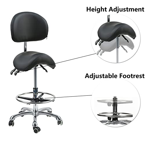 Saddle Stool Chair with Backrest Swivel Hydraulic Ergonomic Tilt Seat Chair with Wheels Footrest for Medical Hospital Clinic Dental Hygienist Esthetician Beauty Salon Hair Stylist Black