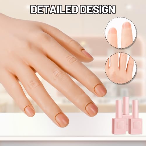 Silicon Practice Hand for Acrylic Nails, Realistic Fake Hand with Stand, 40 Nail Tips and 48 Adhesive Tabs, Reusable & Flexible Mannequin Training Model for Manicure & Nail Art Practice