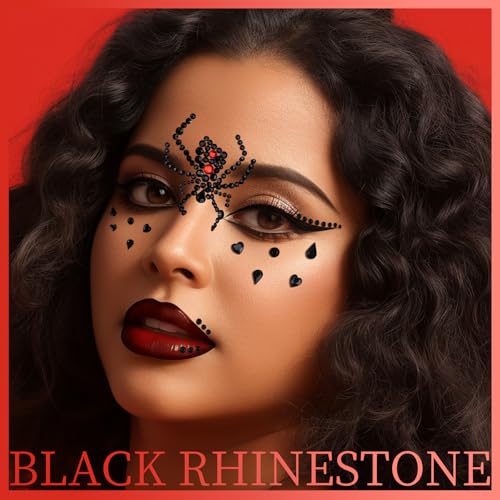 Teenitor 4 Sheets Face Gems Stick on, Face Jewels Red and Balck Face Rhinestones Gems, Festival Jewels Self-Adhesive Face Gems for Women, Rave Accessories for Face Eyes Body Halloween Makeup