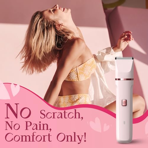 Bikini Trimmer for Women - Painless Electric Razors for Silk Skin,Cordless Body Shaver for Trip,Replaceable Lady Facial Razor, IPX7 Waterproof&Easy Cleaning, Ceramic Blade, USB Charge Dock Pink