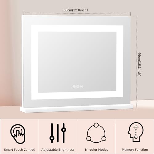 COOLJEEN Vanity Mirror with Lights, 23" x 18" LED Makeup Mirror, Lighted Makeup Mirror with 3 Color Modes, Detachable 10x Magnification and USB Charging, Tabletop & Wall-Mounted