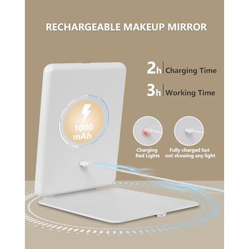 Travel Mirror with Lights Makeup Mirror Touch Screen 3 Colors Light 72 LEDs Rechargeable, 1000mHA 7.9x5.3-Inch Desk Compact Mirror White