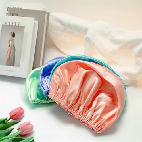 AmazerBathShower Cap, 4 PCS Shower Caps for Women Reusable Waterproof, Double Layers Hair Cap for Shower, Elastic and Flexi Bath Caps, Environmental Protection Bathing Hat for Adult Kids