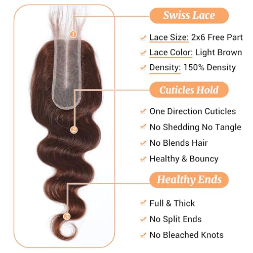 2x6 Closure Human Hair 20 Inch HD Transparent Lace 2x6 Body Wave Closure Middle Part Brazilian 4# Brown Human Hair Closure With Baby Hair