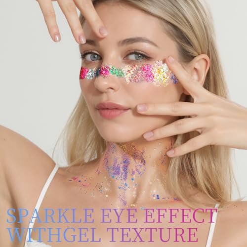 FANDAMEI Glow in The Dark Glitter, 2 Glitter Gel Palette 18 Grids Face Body Hair Glitter for Glow in The Dark Glitter Makeup, Face Glitter for Kids Women for Halloween Rave Concert Face Paint