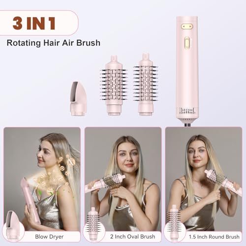 3 in 1 Rotating Hair Dryer Brush Spinning with Detachable Brush(2" & 1.5"),Negative Ionic Brush Blow Dryer 100-120V,3 Heats and 2 Speeds Rotating Hot Air Brush for Curling,Straight,Drying