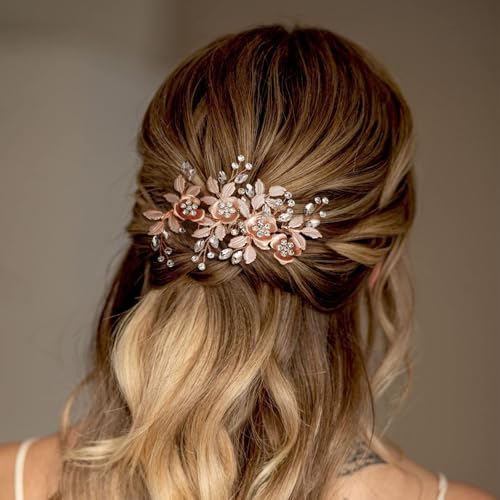 Bridal Hair Accessories Bright Rose Gold Wedding Hair Duckbill Clip for Brides, Handmade Rhinestone Hair Vine Wedding Head Pieces for Women and Bridesmaids Flower Girls