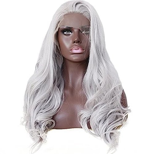 Ebingoo 26 Inch Silver Gray Lace Front Wig+Wig Cap Wavy Silver Wig for Women Curly Lace Front Wig Silver Princess Wig for Halloween Cosplay Women Daily Wear