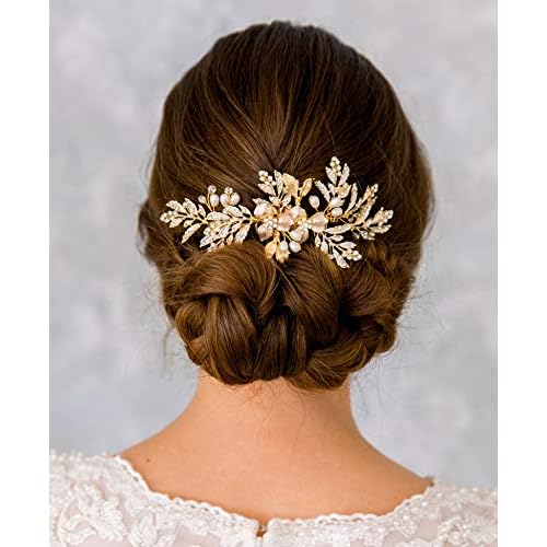 SWEETV Handmade Wedding Hair Comb Clip Rhinestone Bridal Hair Comb Piece, Gold Hair Accessories for Brides Wedding