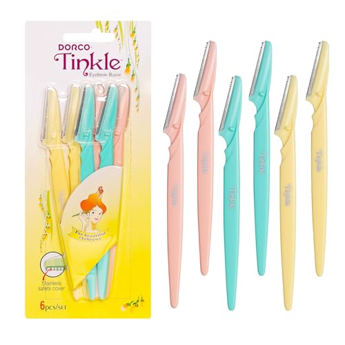 Tinkle Dermaplaning Tool 6ct, Dermaplane Razor for Women, Safe and Easy Peach Fuzz Remover, Eyebrow Trimmer with Protective Cover
