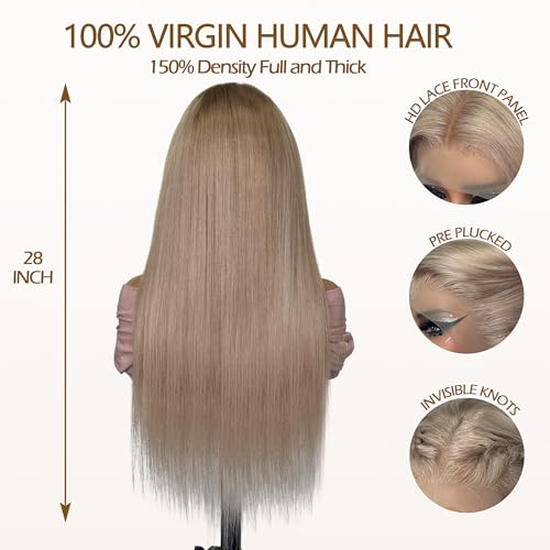 13x6 Transparent Lace Front Wigs Human Hair Ash Blonde Wig Human Hair 180% Density Ash Blonde Straight Lace Front Wigs for Black Women Pre Plucked Colored HD Lace Frontal Wig 26 Inch