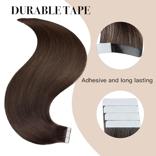 Tape in Hair Extensions £¬Real Human Hair Extension,Chocolate Brown Human Hair 22 inch 32pcs 80g,Thick Ends Straight Seamless, Invisible Tape in Hair Extensions Human Hair
