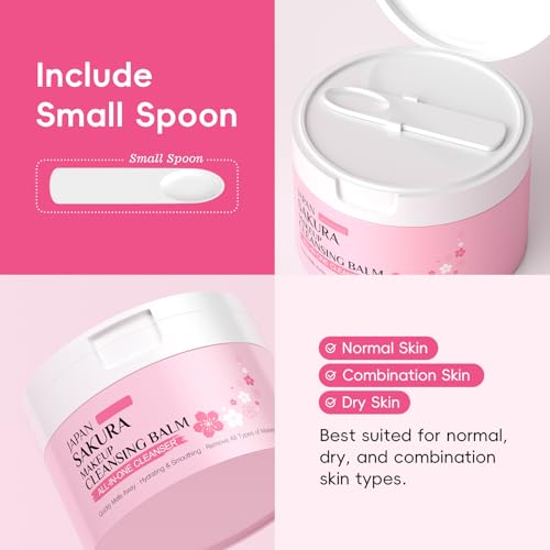 Cleansing Balm Makeup Remover with Japan Sakura Extracts, Hyaluronic Acid, Nourishing Melting Cleanser, Non-Greasy, Cleanses, Removes Makeup & Moisturizes Skin, All-in-One Facial Cleanser