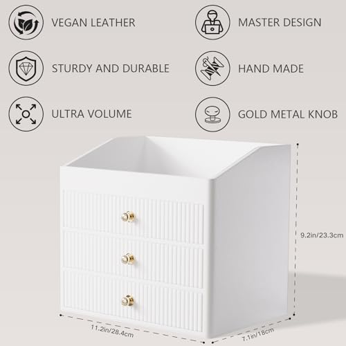 Vanity Organizers,Luxury Skincare Organizer with 3 Tier Drawers,Beige White Large Capacity Cosmetic Organizer Countertop for Makeup Brush,Dresser,Bedroom,Bathroom,Mom Gifts,Mom Birthday Gifts