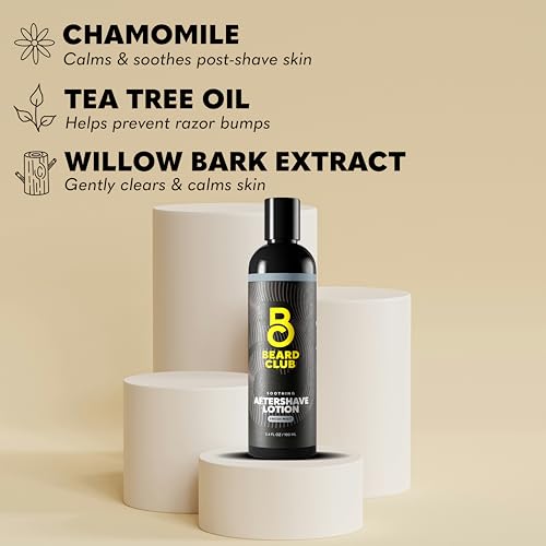 The Beard Club Aftershave for Men ? Soothing After Shave Lotion for Men with Chamomile, Tea Tree Oil & Willow Bark ? Post Shave Balm Calms Irritation, Prevents Razor Burn & Bumps - 3.4 Fl Oz - 1 Pack