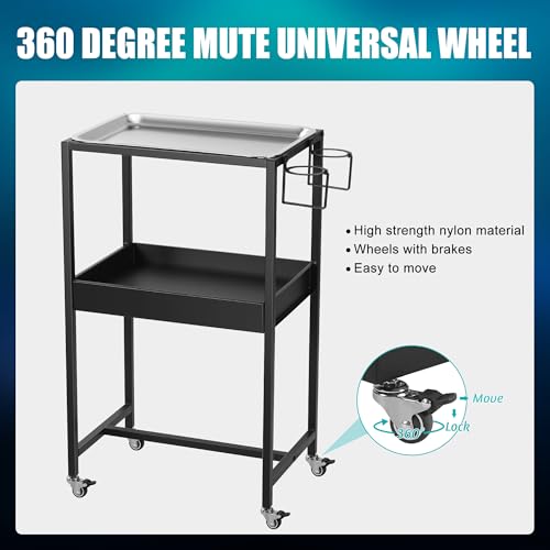 POARMEEY 2-Tier Tattoo Rolling Trolley Holder,Tray Cart on Wheels with Removable Stainless Steel Tray,Tool Storage Layer for Tattoo Salon Spa Clinics Office Home Use