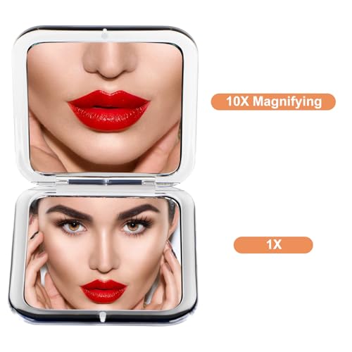 Compact 10X Magnifying Makeup Mirror for Travel, Small Pocket Mirror-Handheld, Foldable & Portable 2-Sided with 10X Magnifying and 1X Mirror for Purses - Square 3.3 x 3.3 inch (Black)