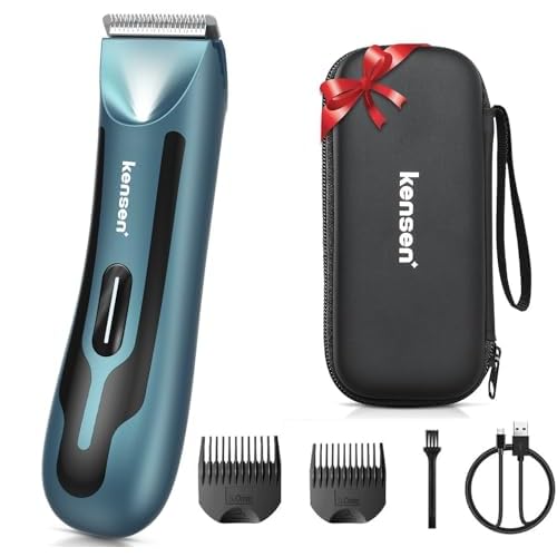kensen Body Hair Trimmer for Men - Manscape Groin & Pubic Hair Trimmer for Men, Mens Body Shaver with LED Light Travel Case IPX7 Waterproof Wet Dry Use Rechargeable Ball Shavers for Mens Gift (Blue)