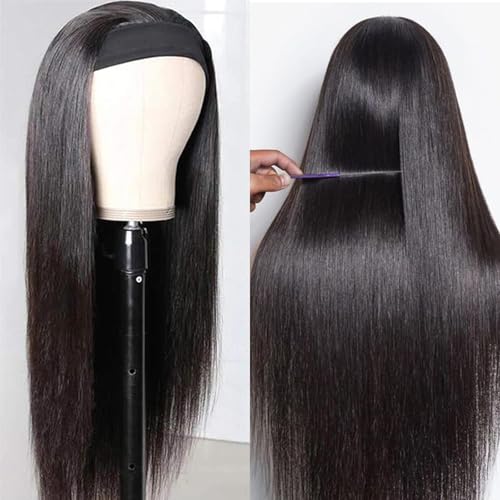 Headband Wig Human Hair 20 Inch Straight Headband Wigs 180% Density Glueless Wigs for Black Women Glueless No Lace Front Human Hair Natural Color Brazilian Virgin Hair