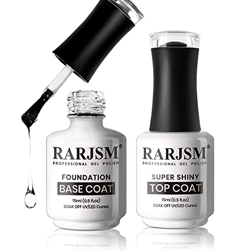 RARJSM Base and Top Coat Clear Shine Glossy Mirror Long Lasting Nail Art Gel Polish 15ml Big Capacity Soak Off 2pcs Set LED UV Curing Requires for Home Salon DIY Nail Manicure