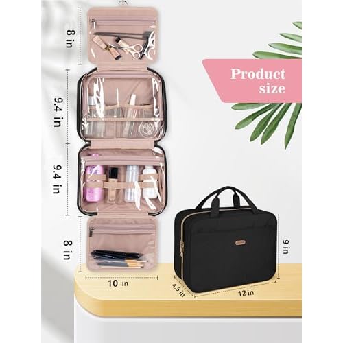 Black Toiletry Bag, Makeup Organizer, Travel Bag For Women Mens Toiletries, Waterproof with Hanging Hook, Large Capacity