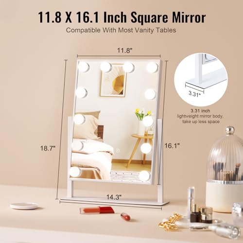 VEVOR Hollywood Vanity Mirror with Lights, 12 Dimmable Bulbs & 3 Color Lighting Modes, Makeup Mirror with Detachable 5X Magnification, Smart Touch Control, 360 Degree Rotation(16.1x11.8 in, White)