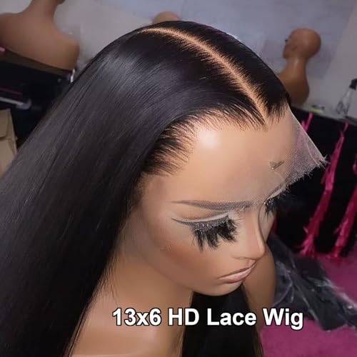 Full 13x6 HD Lace Front Wigs Human Hair Straight 180 Density Transparent Lace Frontal Wig for Women Natural Black Color Long Hair Glueless Wig 26 Inch