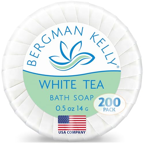 BERGMAN KELLY - Hotel Soap Bars - White Tea, 0.5 oz, 200 PK - Travel Size Luxury Bulk Amenities Bar Soap, Mini Individually Wrapped Round Soap - Small Toiletries for Airbnb, Motel, Guest Bathroom