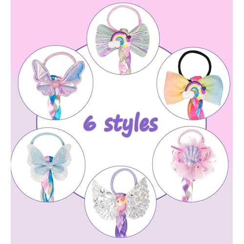 6 Pcs Rainbow Color Braids Hair Extensions - Ponytails & Bows with Rubber Bands - Glitter Braided Wig - Cosplay Hair Accessories for Girls & Women