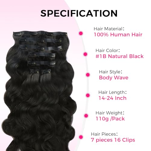 Lashey Invisi Edge Clip in Hair Extensions, 7pcs 110g 20 Inch Natural Black Seamless Clip in Hair Extensions Human Hair Body Wave Real Remy Human Hair