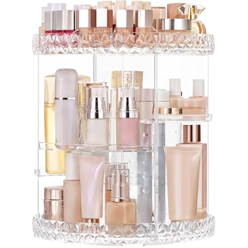 HBlife Extra Large 360 Rotating Makeup Organizer Adjustable Carousel Diamond Large Capacity Revolving Perfume Organizer Skincare Organizers Cosmetic Storage Spinning Holder for Vanity, Clear