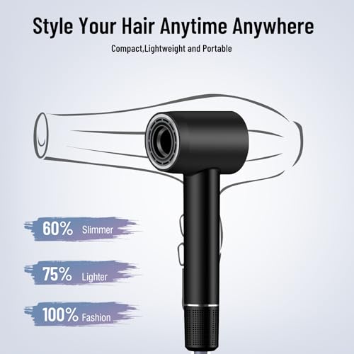 Hair Dryer - 110000 RPM High-Speed Brushless Motor Negative Ionic Blow Dryer for Fast Drying,Low Noise Thermo-Control Hair Dryer with Nozzle with Tri-Colour LED Light Ring, for Home and Travel
