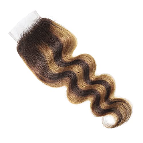 4/27 Lace Closure Human Hair Pre Plucked With Baby Hair Body Wave Brown To Honey Blonde Two Tone 4X4 Free Part Bleached Knots Brazilian Virgin Closure Human Hair 20 Inch
