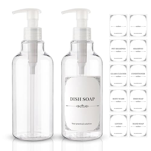 Plastic Soap Dispenser Empty Pump Bottles 16.9oz 2 Pack Refillable Liquid Hand Soap Bottle with Leak-Proof Pump for Kitchen, Bathroom, Office Clear