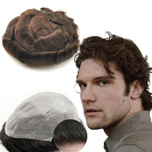 Toupee for Men men hair pieces Mens Toupee Wavy Prosthesis Units Replacement 100% European Real Human Hair Mens Hairpieces Hair System 0.04mm Soft Thin Skin PU V-loop (#2 Dark Brown, 8x10)