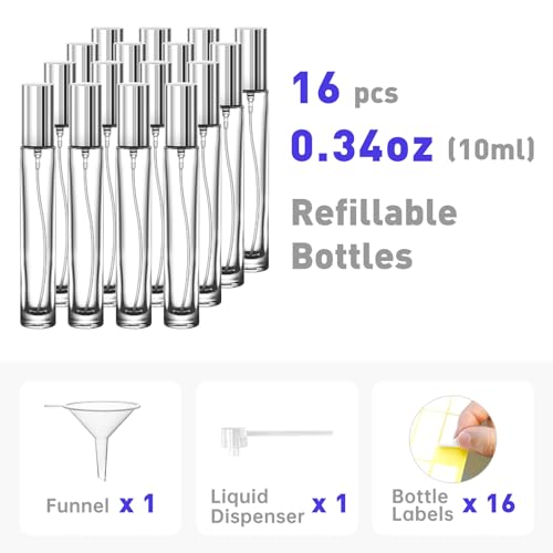 Travel Perfume Bottle Refillable, 16pcs 10ML Mini Glass Perfume Containers with Funnel and Label, Empty Portable Leak-proof Fragrance Bottles Spray Atomizer Pump Bottle Kit for Toiletries
