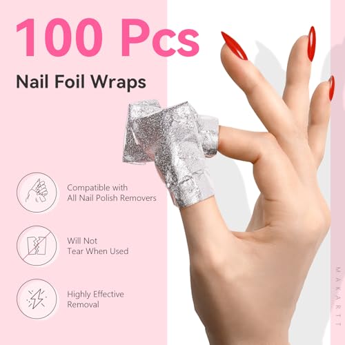 Makartt Nail Polish Remover Soak off Foils ? Gel Polish Remover Foil Nail Wraps with 1.18 inch Pre-attached Lint Free Larger Cotton Pads for Gel Nail Removal at Home or Salon(100 Pcs)