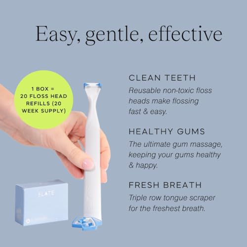 Slate Flosser Refills - Reusable Woven Floss, PFAS-Free, Non-Toxic Dental Floss | Fits Slate Electric Flosser w/Tongue Scraper & Gum Sweeps - 20-Pk Black Smooth Floss Heads