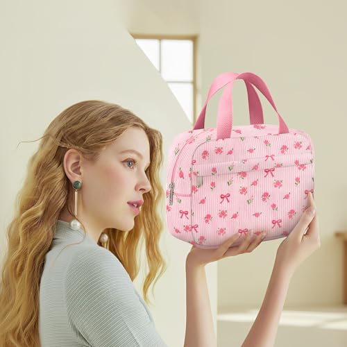 Small Makeup Bag for Purse Cute Corduroy Cosmetic Pouch with Zipper Travel Toiletry Bag for Women(Flower bow pink)