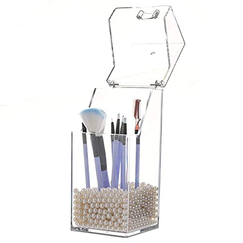 Sooyee Makeup Brush Holder,Makeup Brush Organizer with 8mm White Pearls,Dustproof Makeup Brush holder with Lid