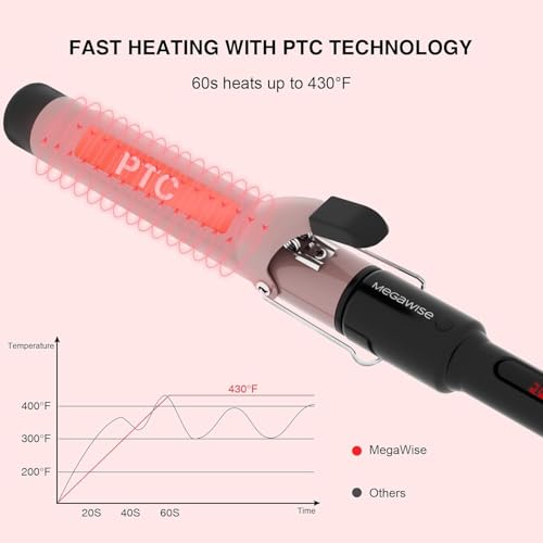 MEGAWISE Pro 1.25 Inch Ceramic Barrel Hair Curling Iron with 60s PTC Fast Heating, Anti-Scald Grip & Tip, Auto Shut Off, 360¡Æ Swivel Cord, 2 Clips & Heat-Resistant Glove Included